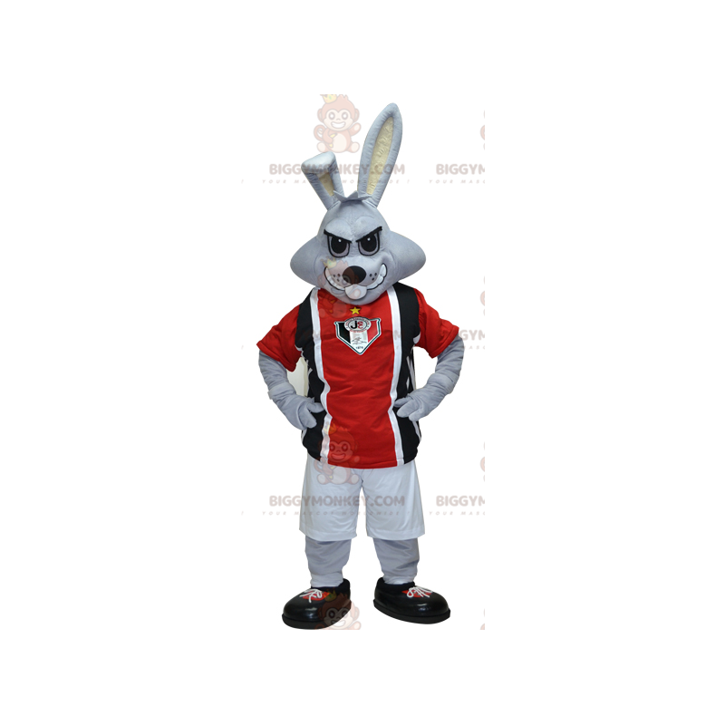 BIGGYMONKEY™ Maskotkostume Grå kanin i sort og rødt sportstøj -