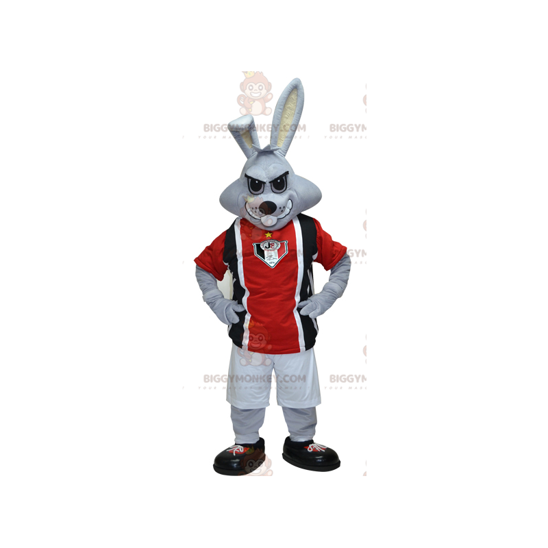 BIGGYMONKEY™ maskottiasu Grey Rabbit mustassa ja punaisessa