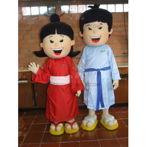 mascotte BIGGYMONKEY™ de couple d'Asiatiques. mascotte