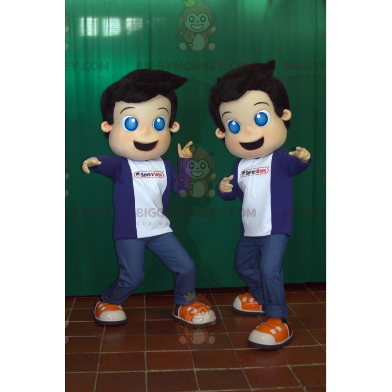 Duo de mascottes BIGGYMONKEY™ de garçons aux yeux bleus.