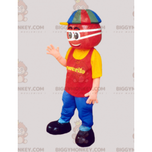 Traje de mascote BIGGYMONKEY™ de homem vermelho vestido com uma