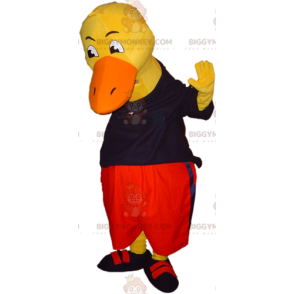 Costume de mascotte BIGGYMONKEY™ de canard jaune géant habillé