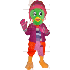 Green Bird BIGGYMONKEY™ Mascot Costume Dressed In Winter Outfit