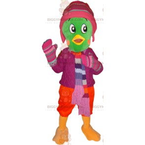 Kostium Maskotka Zielony Ptak BIGGYMONKEY™ w zimowym stroju -