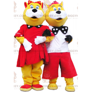 2 mascote de gato amarelo e branco bem vestido do BIGGYMONKEY™