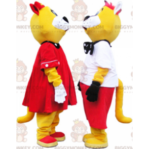 2 BIGGYMONKEY™s gut gekleidetes gelb-weißes Katzenmaskottchen -