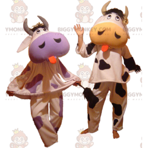 2 BIGGYMONKEY™s cow mascots sticking out their tongues -