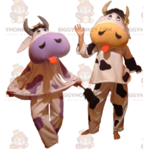 2 BIGGYMONKEY™s cow mascots sticking out their tongues -