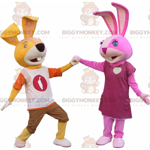 2 μασκότ κουνελιών BIGGYMONKEY™, η μία κίτρινη και η άλλη ροζ -