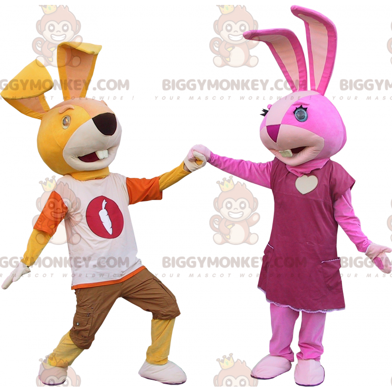 2 conigli mascotte di BIGGYMONKEY, uno giallo e l'altro rosa -