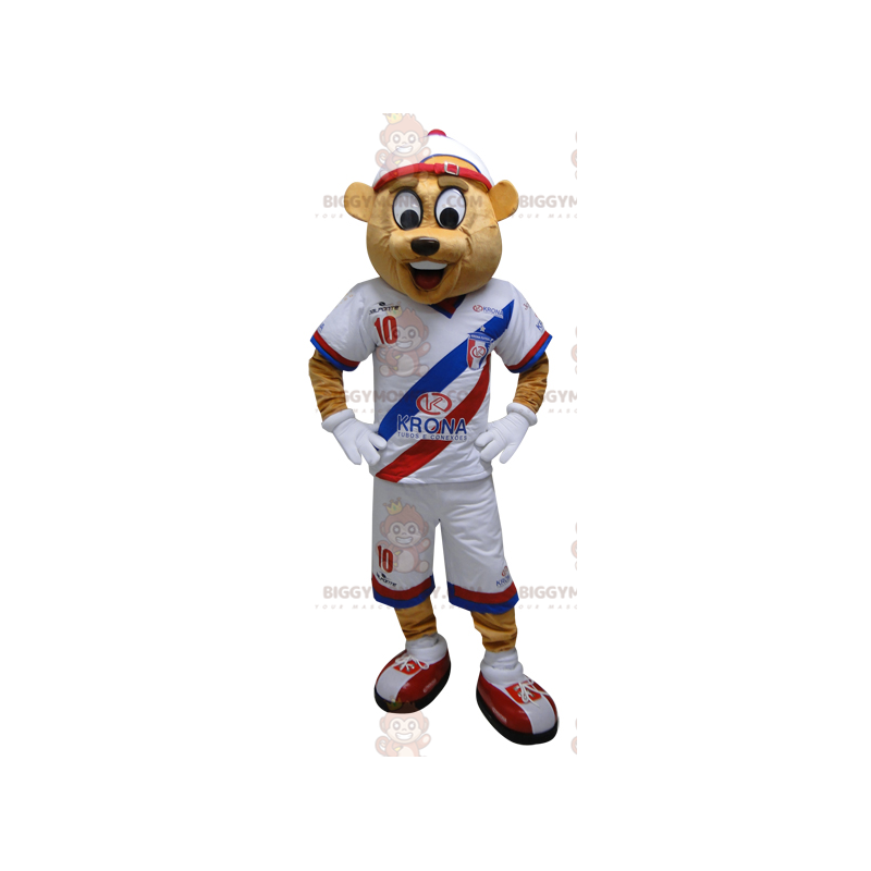 BIGGYMONKEY™ maskotdräkt av beige björn i sportkläder. Teddy