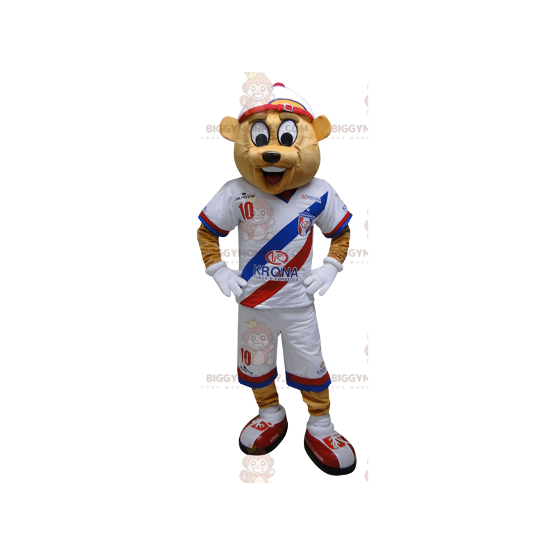 Traje de mascote BIGGYMONKEY™ de urso bege em roupas