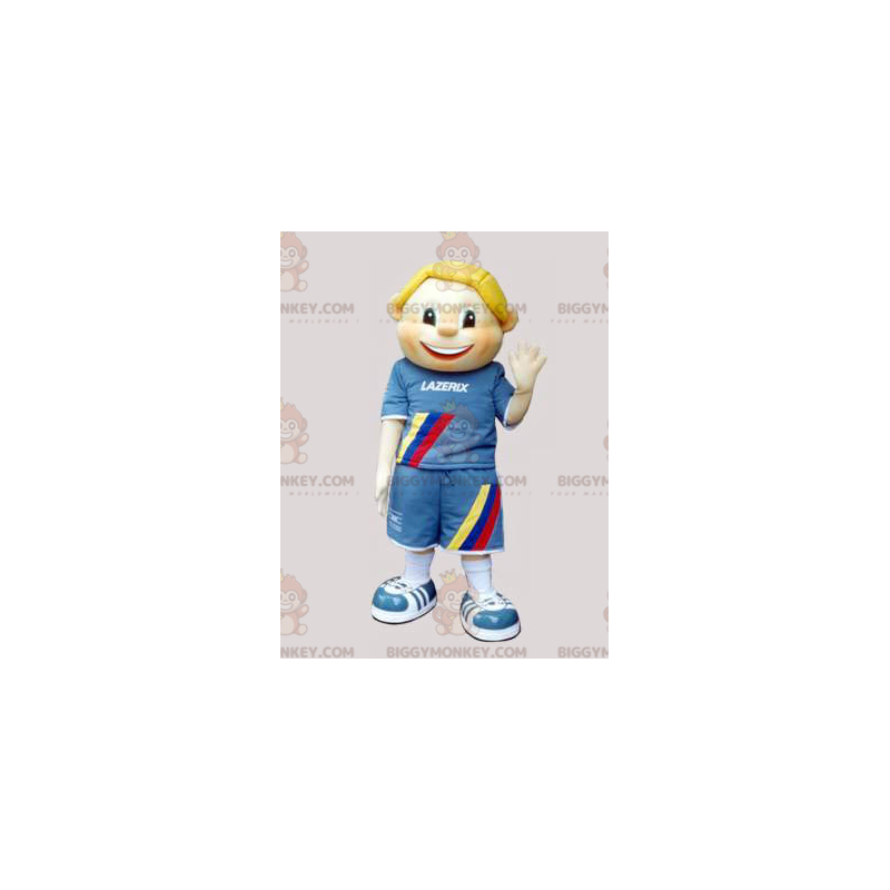 Traje de mascote de menino loiro BIGGYMONKEY™ vestido de azul –