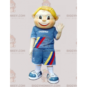 Blond pojke Barn BIGGYMONKEY™ maskotdräkt klädd i blått -