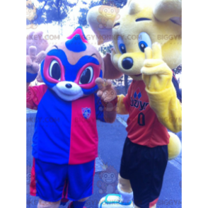 2 BIGGYMONKEY™s mascot: a yellow bear and a blue and red masked
