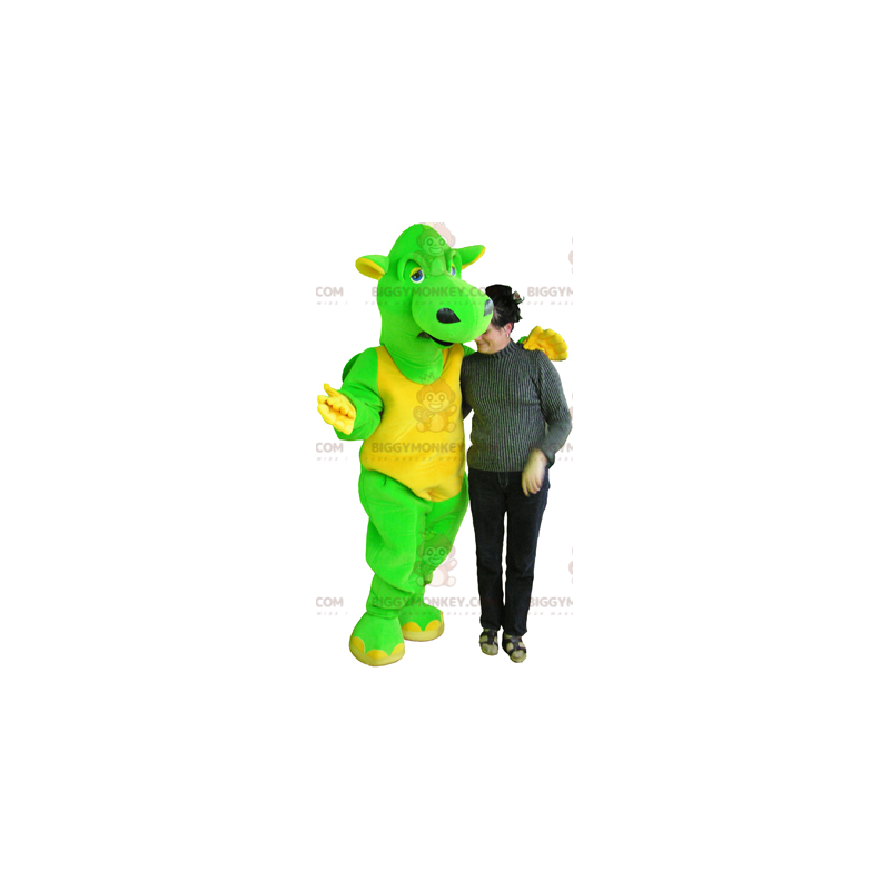 Divertido disfraz gigante de mascota dragón verde y amarillo