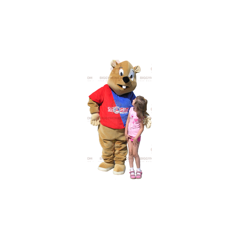 BIGGYMONKEY™ Brown Beaver Mascot Costume with Blue and Red