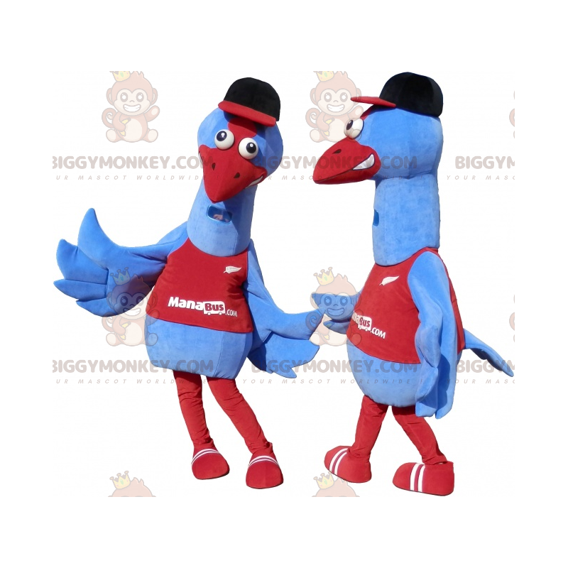 2 BIGGYMONKEY™s maskot av blå och röda fåglar. 2 strutsar -
