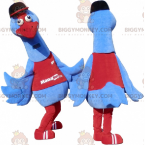 2 BIGGYMONKEY™-maskotti sinistä ja punaista lintua. 2 strutsia