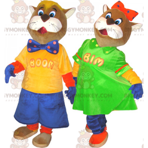 2 mascotes de gatos marrons e brancos do BIGGYMONKEY™ em trajes