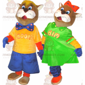 2 mascotes de gatos marrons e brancos do BIGGYMONKEY™ em trajes