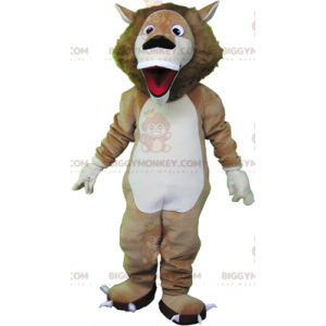 Traje de mascote de leão bege e branco muito engraçado