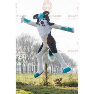 Kostým černo-modrého bílého psa BIGGYMONKEY™ maskota –