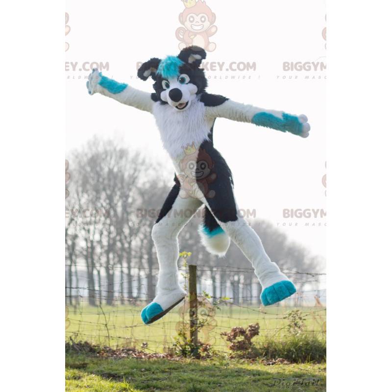 Costume de mascotte BIGGYMONKEY™ de chien blanc noir et bleu -