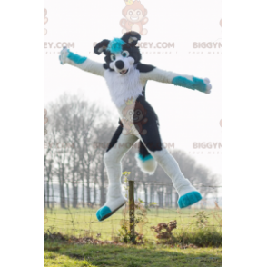 Costume de mascotte BIGGYMONKEY™ de chien blanc noir et bleu -