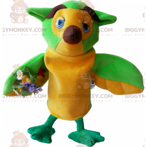 Costume mascotte BIGGYMONKEY™ gufo verde giallo marrone molto