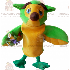 Disfraz de mascota BIGGYMONKEY™ de búho verde amarillo marrón