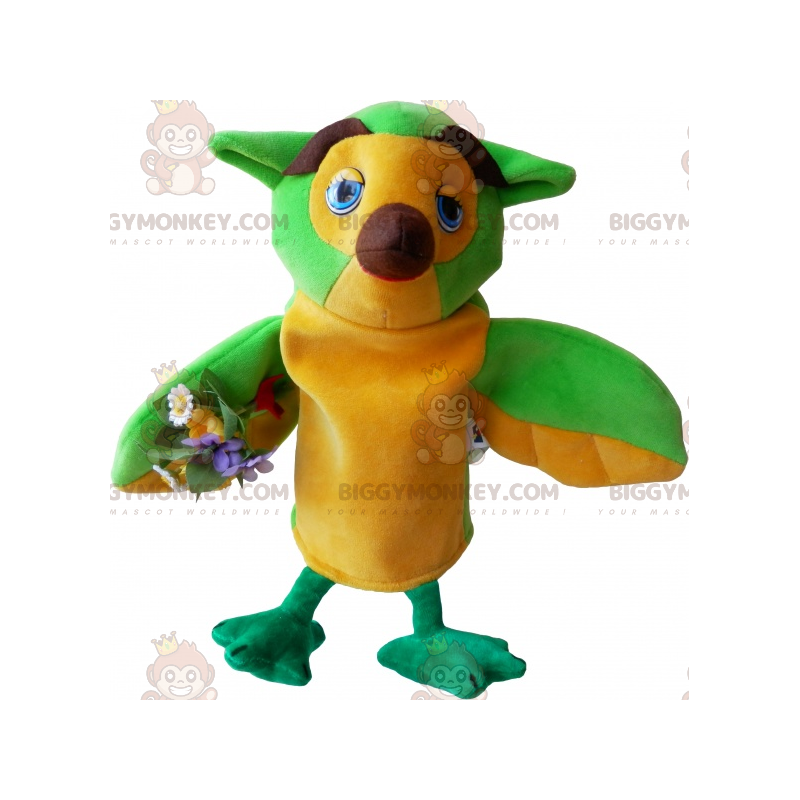 Costume de mascotte BIGGYMONKEY™ de hibou vert jaune et marron