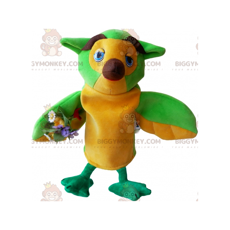 Fantasia de mascote BIGGYMONKEY™ Coruja Verde Amarela Muito