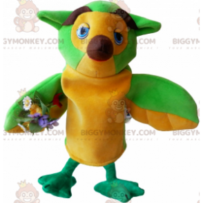 Disfraz de mascota BIGGYMONKEY™ de búho verde amarillo marrón