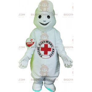 BIGGYMONKEY™ Maskotdräkt Vit snögubbe med Röda Korset på magen