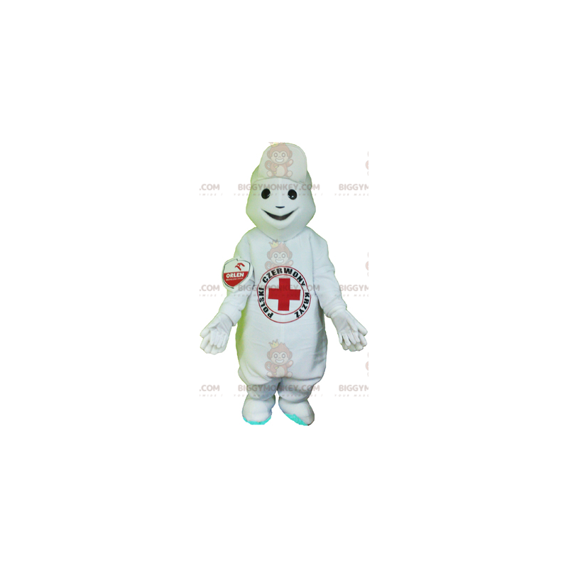 BIGGYMONKEY™ Mascot Costume White Snowman with Red Cross on