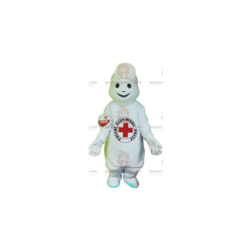BIGGYMONKEY™ Mascottekostuum Witte sneeuwpop met rood kruis op