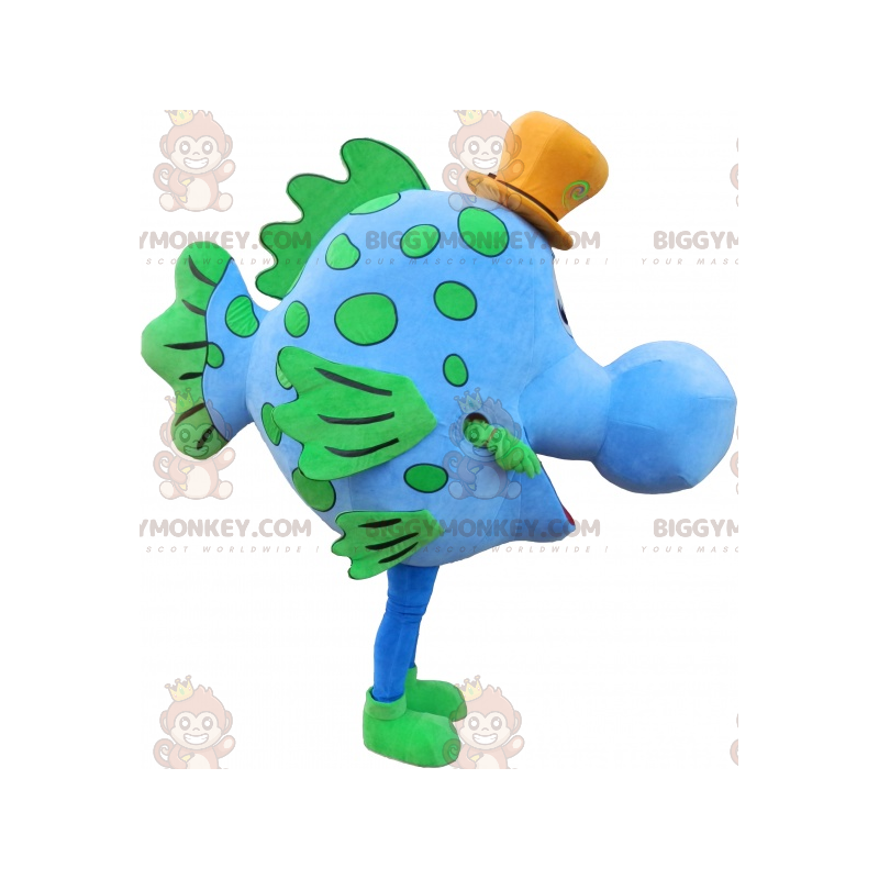 Costume da mascotte BIGGYMONKEY™ pesce blu e verde con cappello