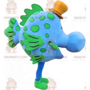 Traje de mascote de peixe azul e verde BIGGYMONKEY™ com chapéu