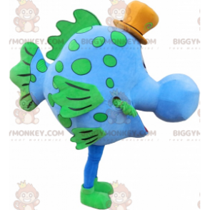 Στολή μασκότ BIGGYMONKEY™ με μπλε και πράσινο ψάρι με καπέλο -