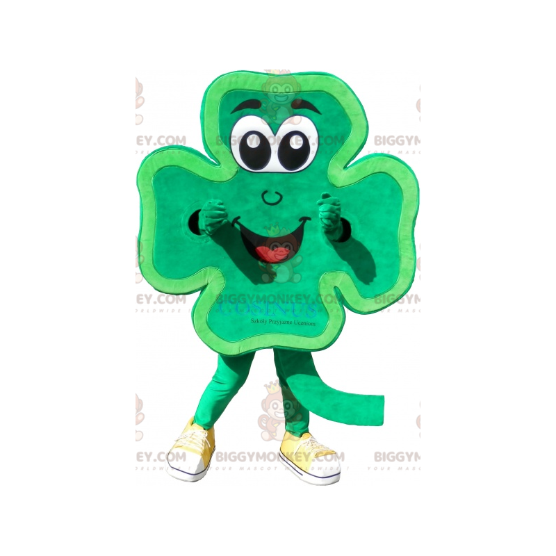 Costume da mascotte BIGGYMONKEY™ verde sorridente con 4 foglie
