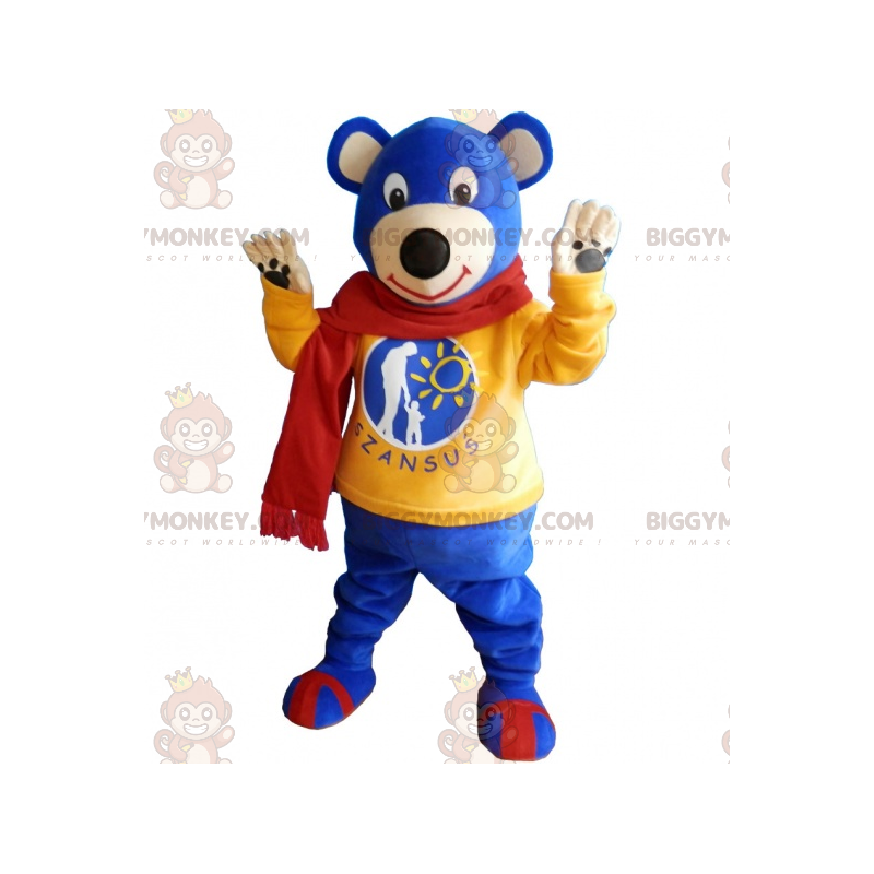 Blaues Teddy BIGGYMONKEY™ Maskottchenkostüm mit gelbem Pullover