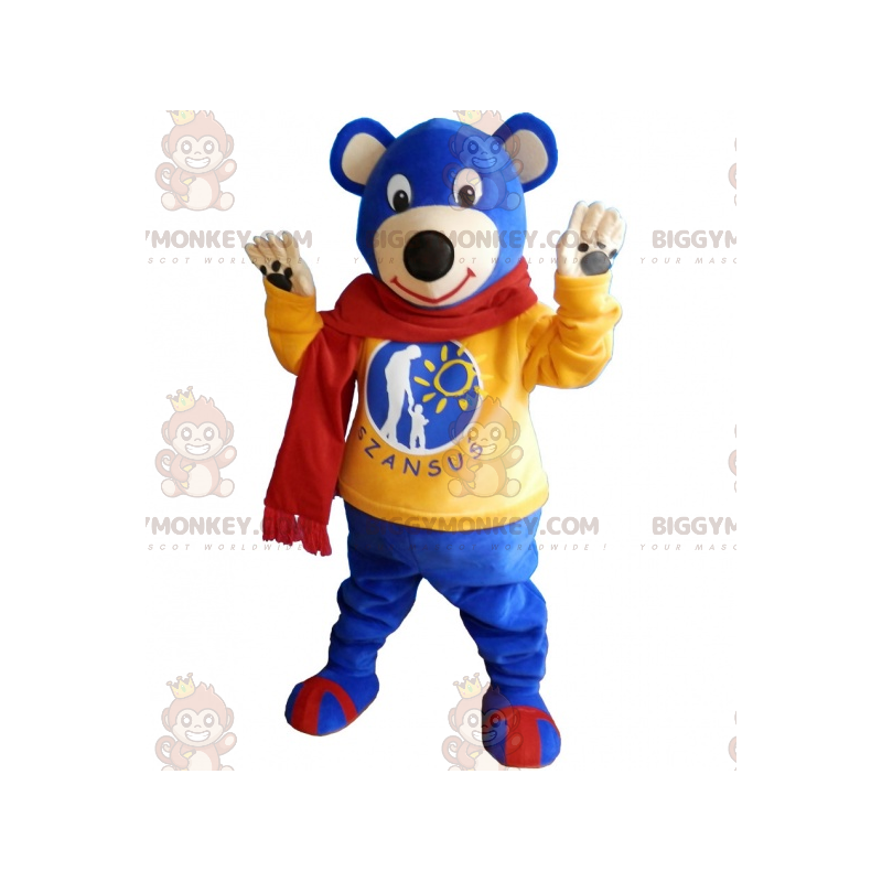 Blå Teddy BIGGYMONKEY™ maskotkostume med gul sweater og