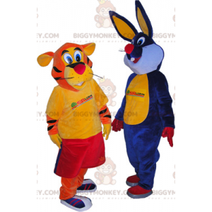 2 BIGGYMONKEY™s maskotar: en orange tiger och en blå kanin -