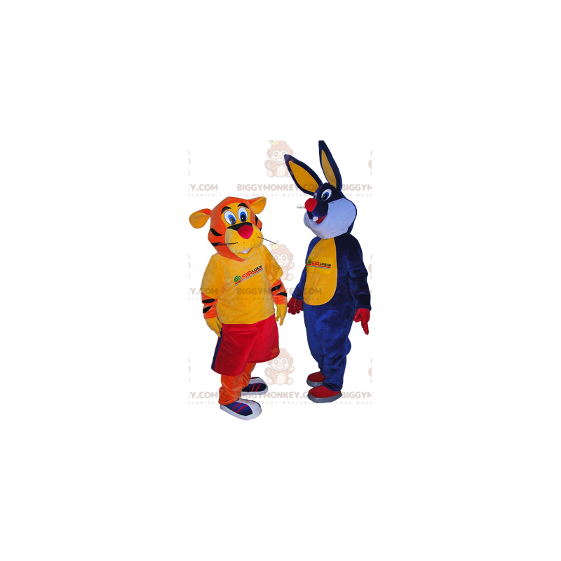 2 mascotes do BIGGYMONKEY™: um tigre laranja e um coelho azul –