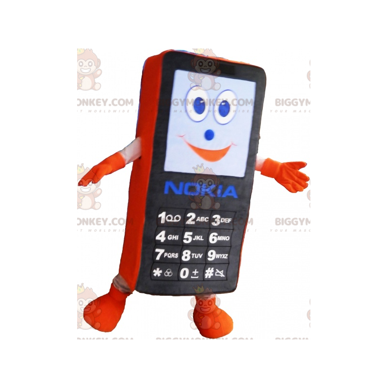 Černo-oranžový kostým maskota BIGGYMONKEY™ na mobilní telefon.