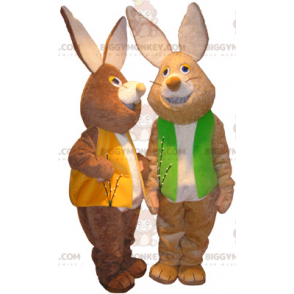 Duo de mascottes BIGGYMONKEY™ de lapins marron et blanc avec