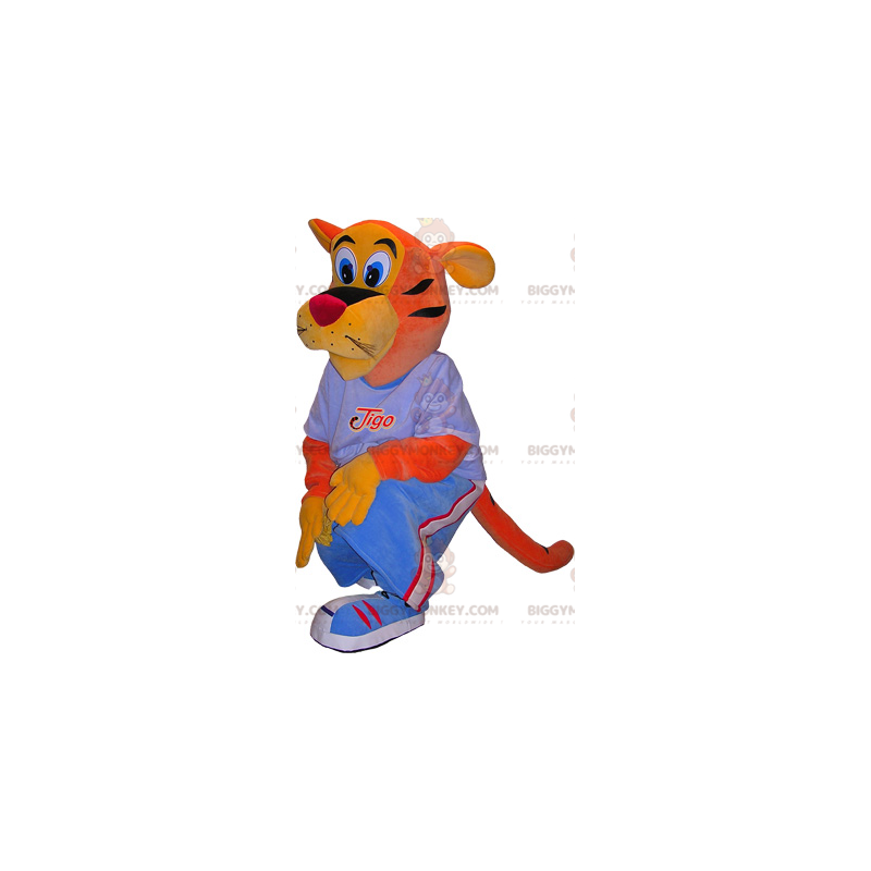 Orange och gul tiger BIGGYMONKEY™ maskotdräkt med blå outfit -