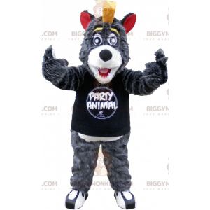 Traje de mascote BIGGYMONKEY™ Lobo cinza e branco com brasão