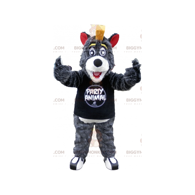 Traje de mascote BIGGYMONKEY™ Lobo cinza e branco com brasão